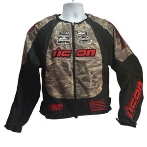 Icon Men's Camo Motorcycle Jacket And Protect US Field Armor Back Pad Size M
